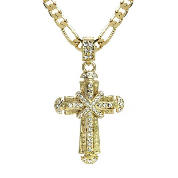 14k Iced Men's Cross Pendant + Necklace - Picture 3 of 4